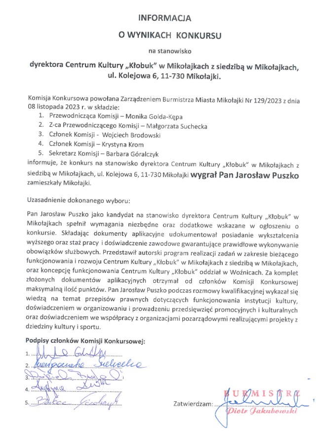 Informacja o wynikach konkursu na stanowisko dyrektora Centrum Kultury „Kłobuk” w Mikołajkach z siedzibą w Mikołajkach, ul. Kolejowa 6, 11-730 Mikołajki
