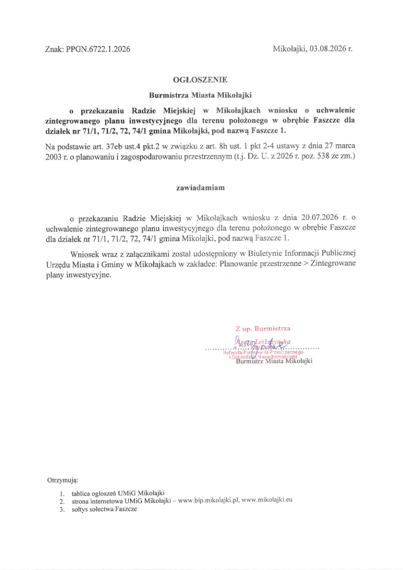 Ogłoszenie Burmistrza Miasta Mikołajki (Znak: PPGN.6722.1.2026)